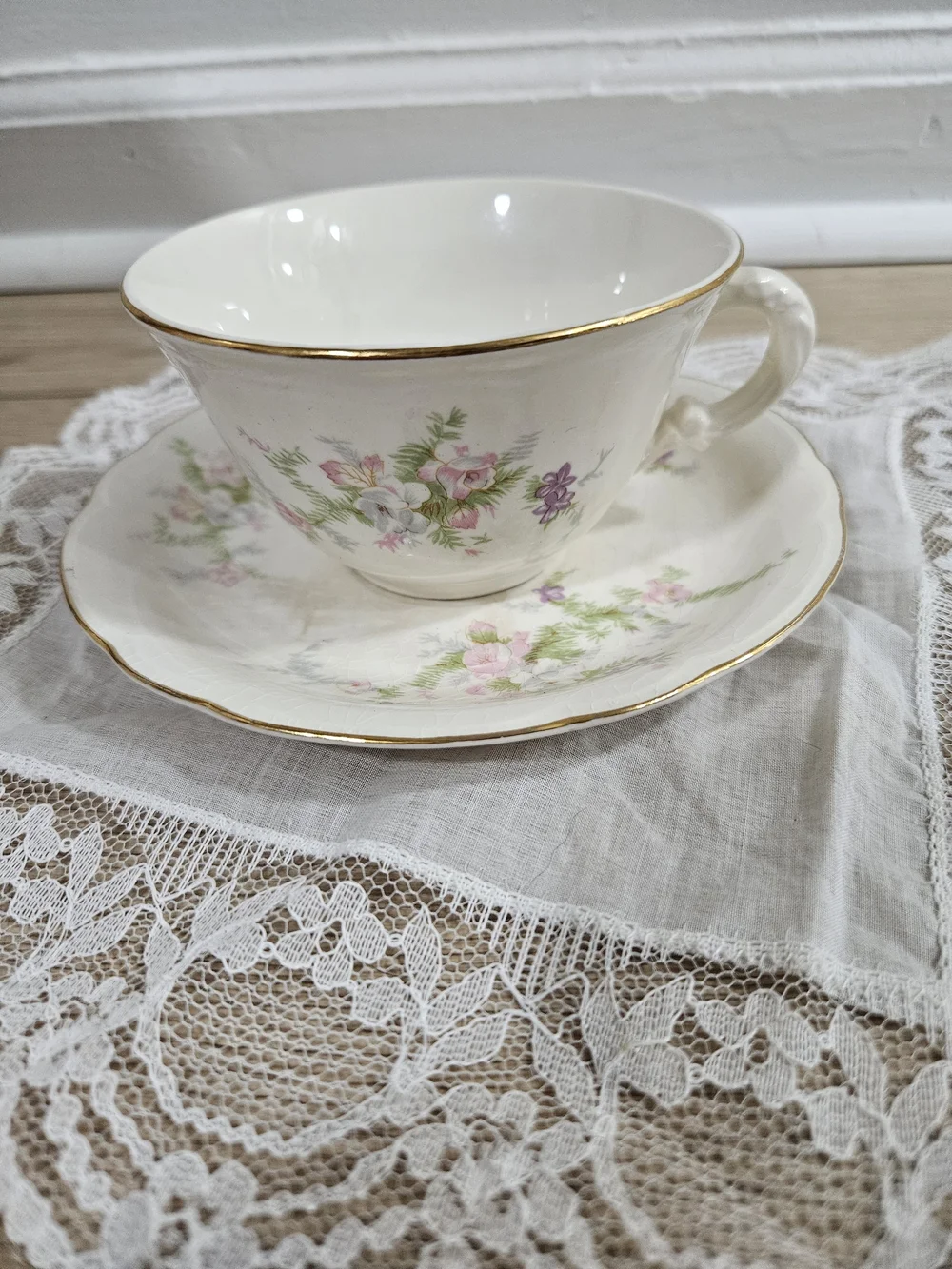 French Saxon China 22 kt Gold Floral Teacup & Saucer